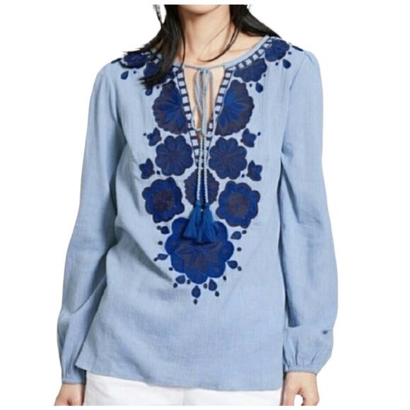 Boden Womens Allegra Blue Floral Embroidered Tassel Tie Top 2 - Picture 1 of 8